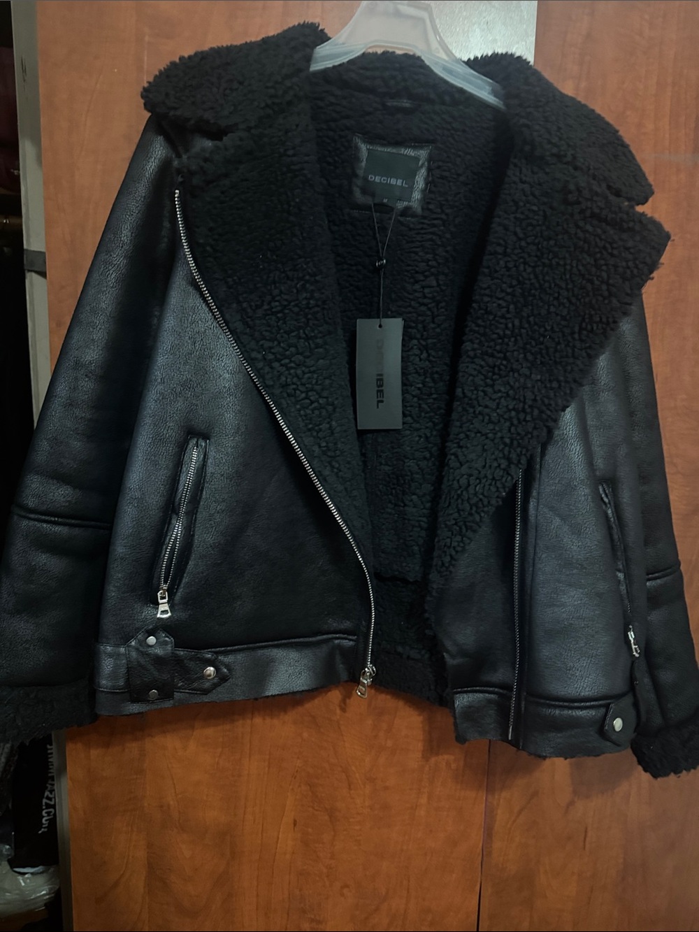 DECIBEL Black Faux-Shearling Moto Jacket for Women